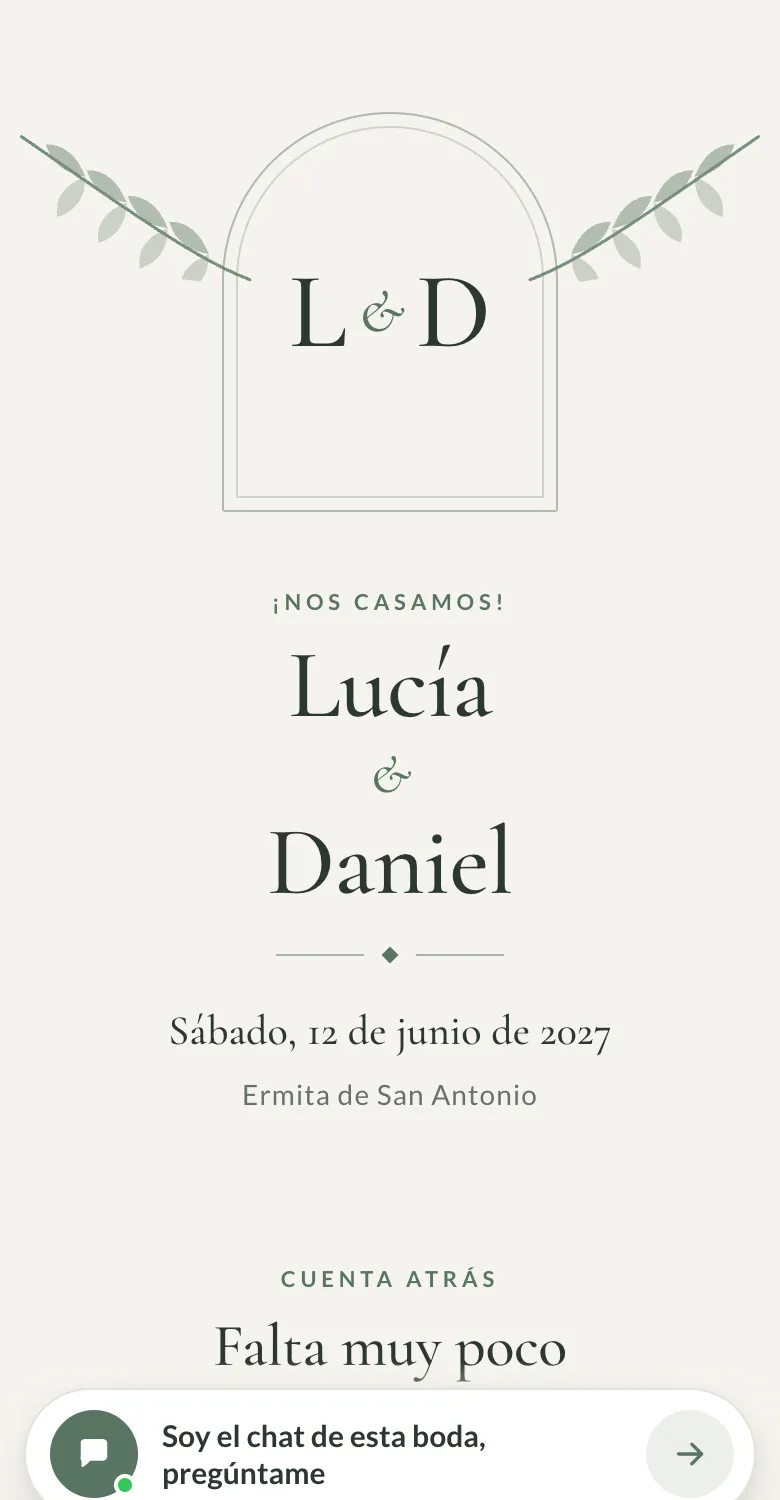 Portada de una invitación digital de boda creada con Bodabot